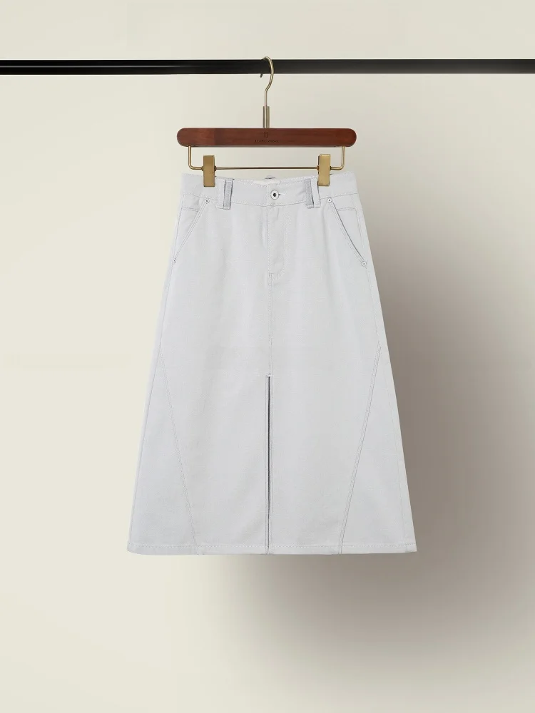 

Blancwing Gold Cut-Off Front Split Denim Skirt High Waist A-Line Cotton Blend Commute Friendly Ladies' Skirt