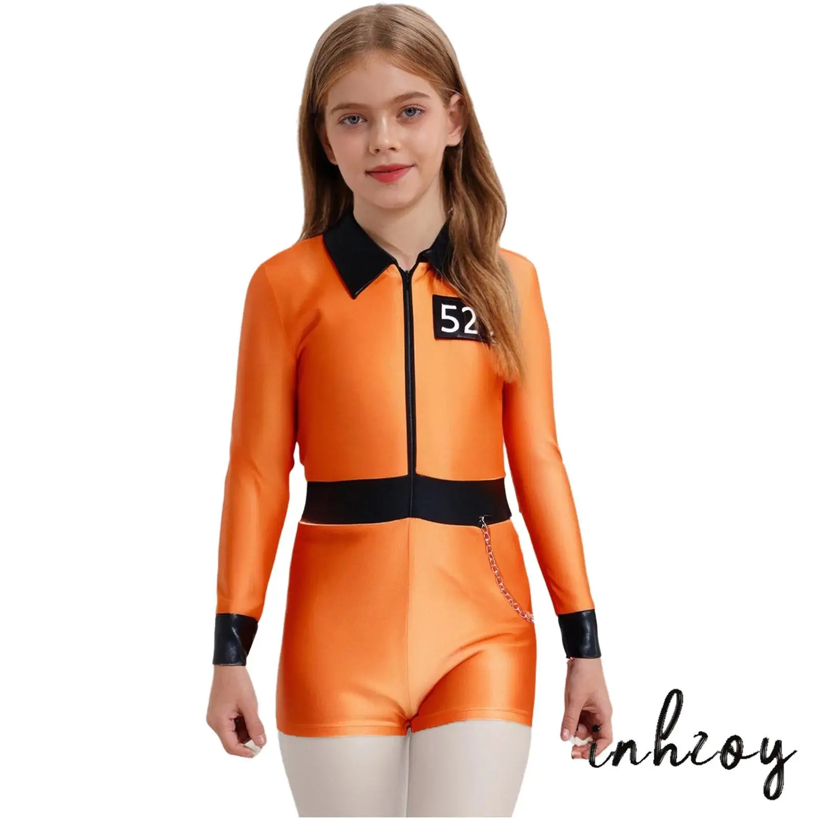 

Kids Girls Convict Cosplay Costume Turn-Down Collar Long Sleeve Bodysuit Prisoner Role Play Jumpsuit for Halloween Theme Party