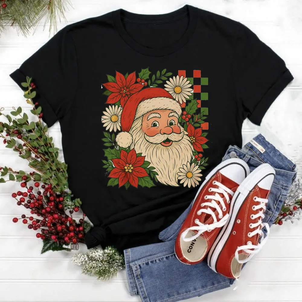 Checkered Santa Claus Women T Shirt Santa Claus Tops High Quality Cotton Comfortable Personality Tops Aesthetic Clothes