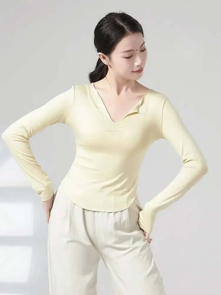 

V Neck Solid Color Slim Fit Dance Shirt for Women Long Sleeve Classical Style Costume for Stage Show Rehearsal Practice Training