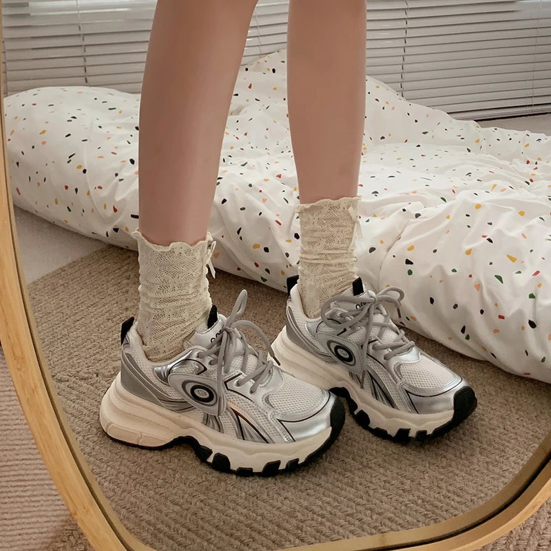 Ladies Sneakers Women Mesh Solid Color Female Sneakers Patchwork Thick Sole Lace-up 2024 Spring Female Leisure Shoes Handmade