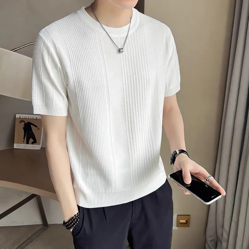 Summer New Crew Neck Short Sleeve Knitted Sweater Men's Ice Silk Slim Fit Business T-Shirt