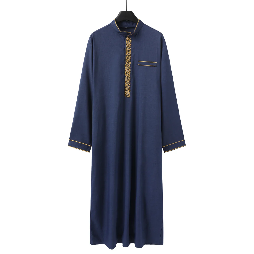 Traditional Islamic men's clothing: long-sleeved embroidered stand-collar men's robe, Arab ethnic style men's Muslim formal wear