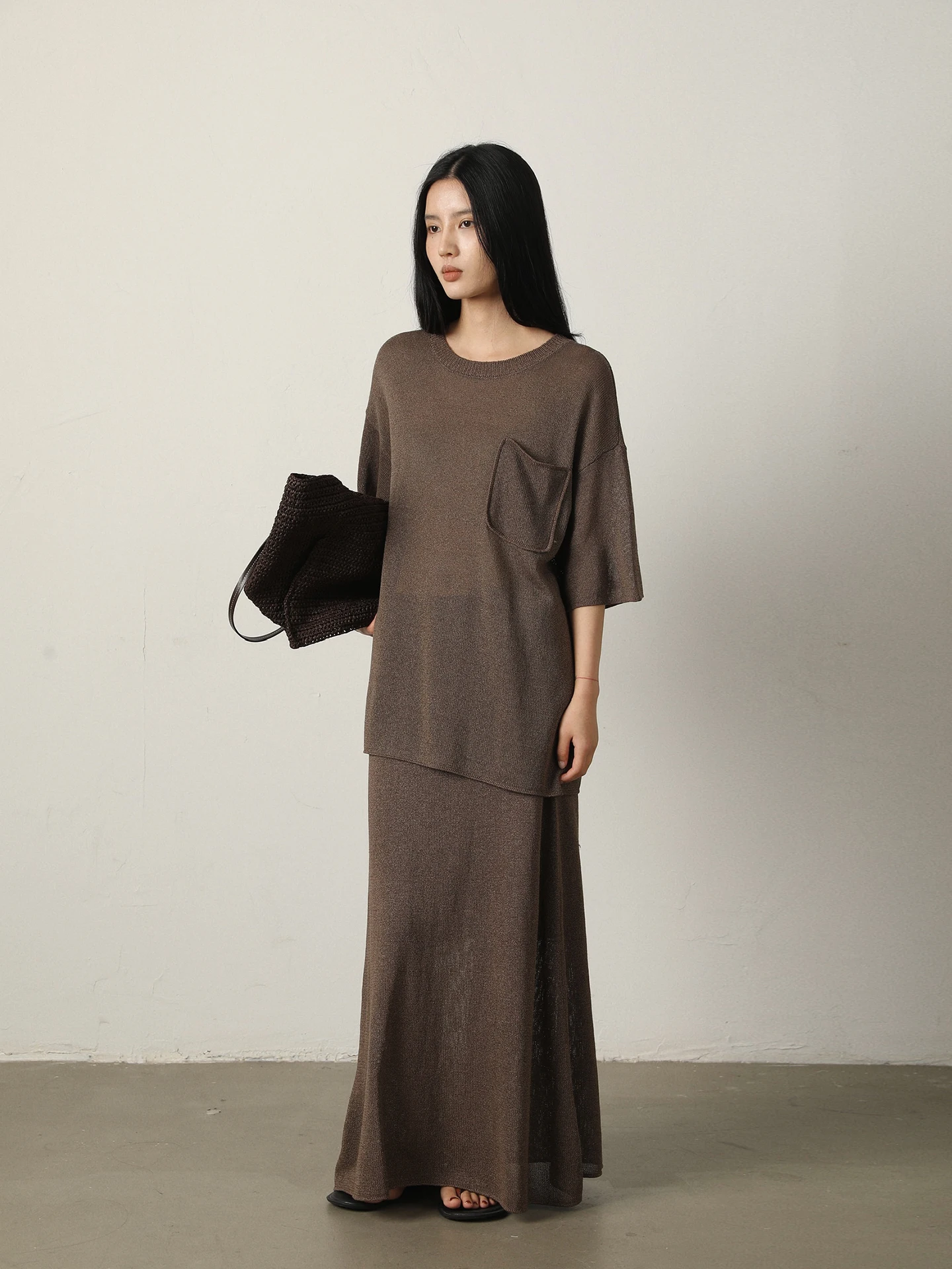 

Vimore Minimalist ROW Style Knitted Top Skirt Set Paper Silk Cotton Drapey High Waist A-Line Skirt Long Sleeve round Neck T-S...