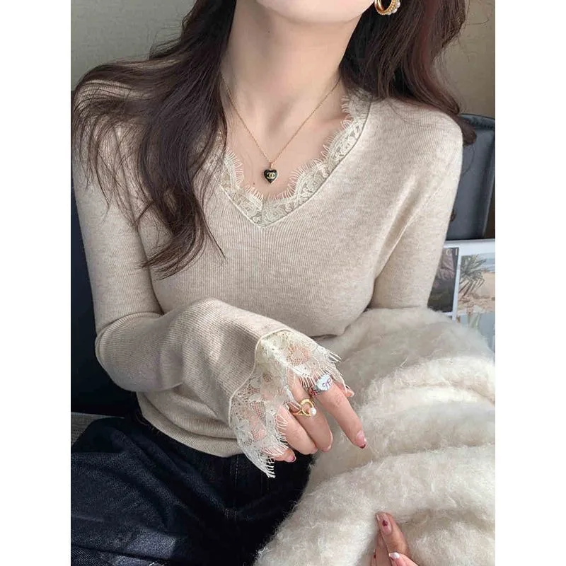 

Women Slim Warm Knitted Clothing V-neck Patchwork Lace Long Sleeve Korean Style Pullovers Elastic Warm Casual Bottoming Sweater