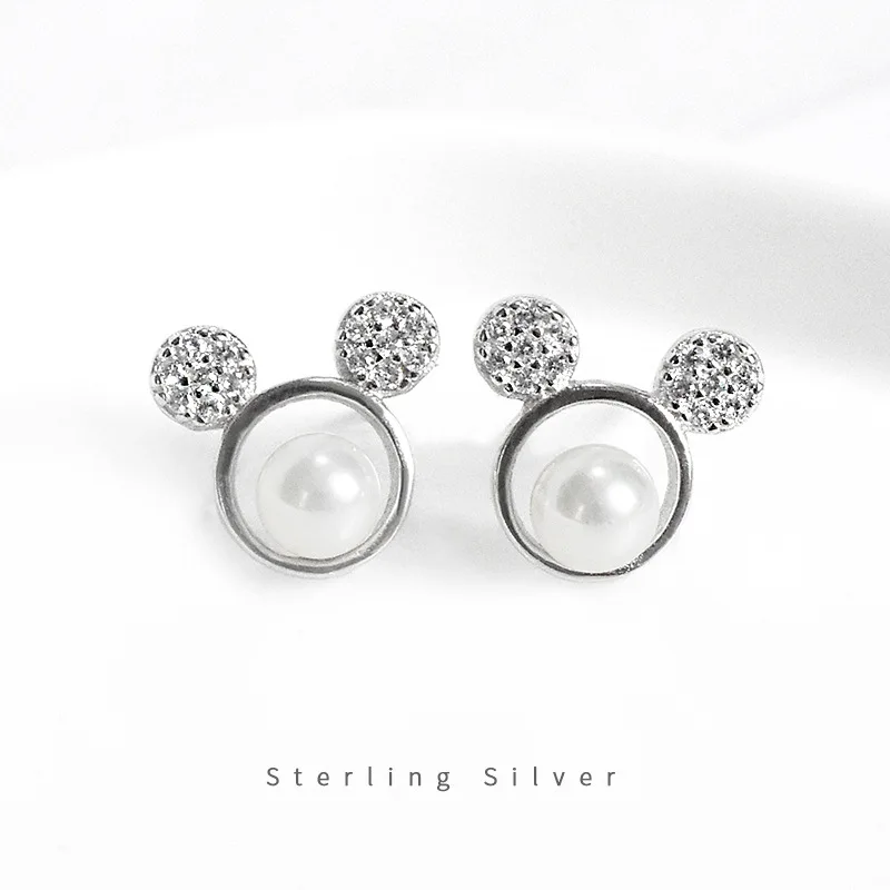 Classy and Chic S925 Silver Pearl Mickey Stud Earrings for Women- INS Style