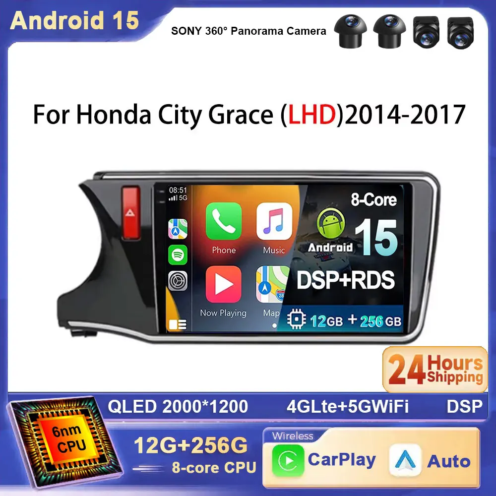 

For Honda City Grace 2014 - 2017 (LHD) Android 15 2K QLED Car Radio Wireless Carplay Auto Mutimedia Video Player NAVI GPS 4G WIF