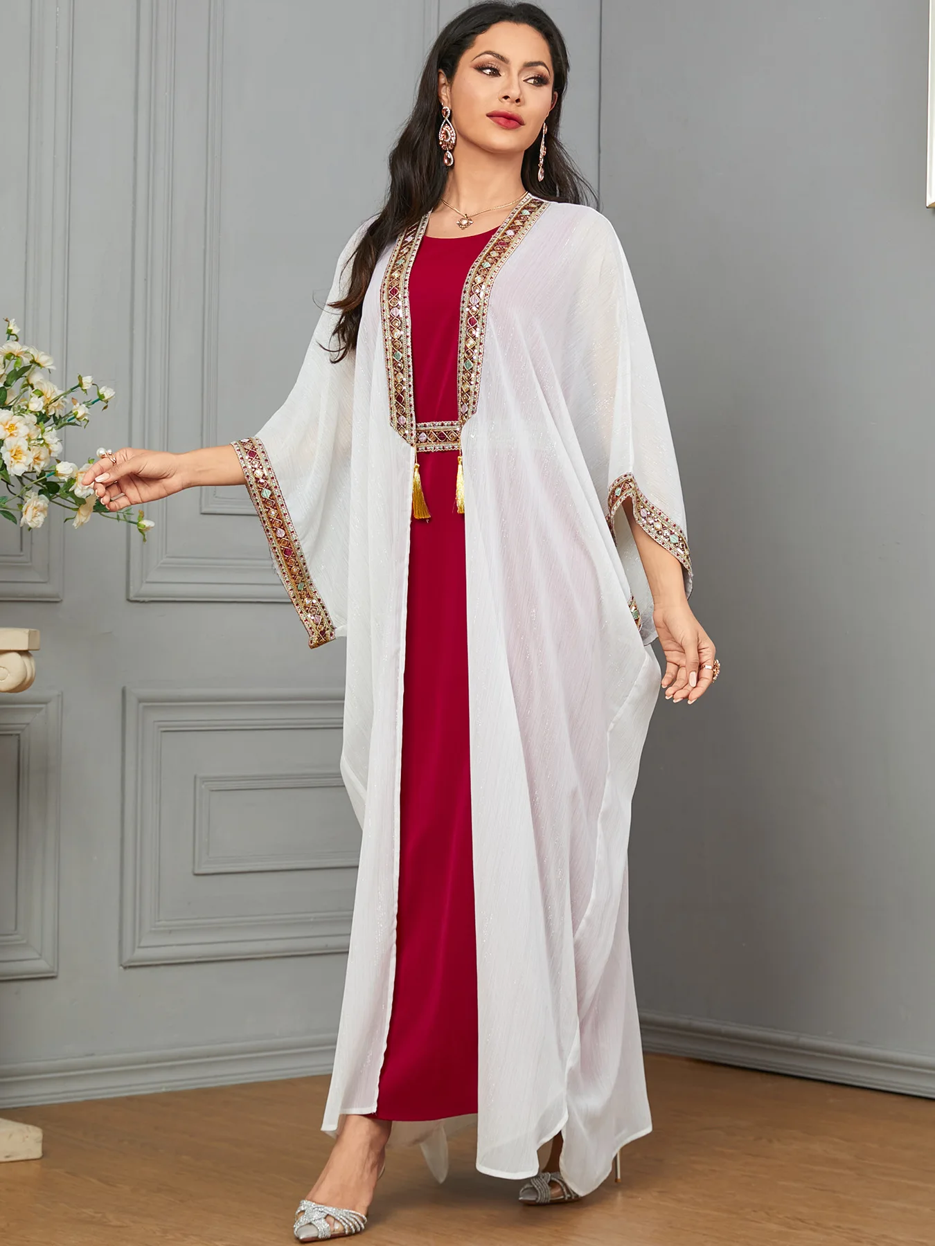 Robe de soirée musulmane Eid pour femmes, Abaya Ramadan, Robe longue avec ceinture, Caftan marocain, VestiEducational Largos, Dubai Jalabiya, 2024, Ensemble 2 pièces