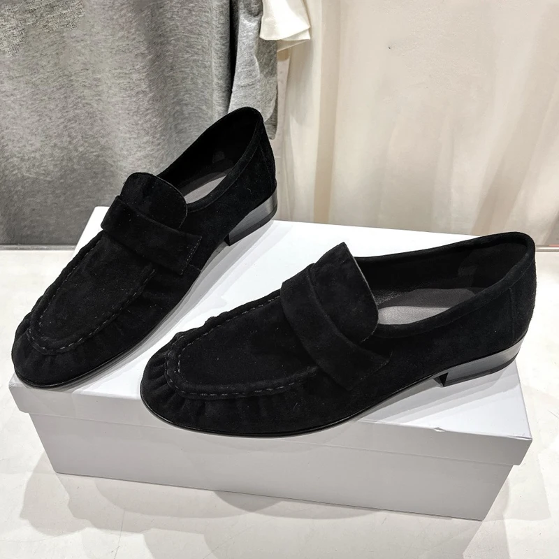 French Retro Flat Heel Loafers for Women Green Suede Leather Handmade Sewing Pleated Design Comfortable Casual Single Shoe Women