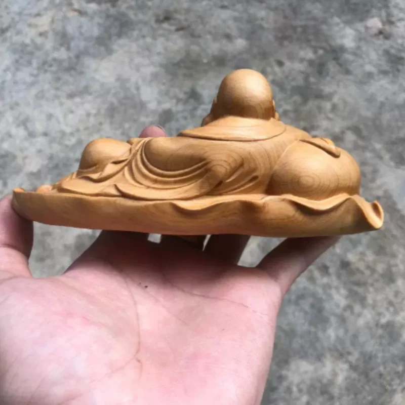 Cliff Cypress Wood Carved Laughing Buddha Statue - Feng Shui Lucky Bag Maitreya Figurine, Home & Car Desktop Auspicious Decor view 4