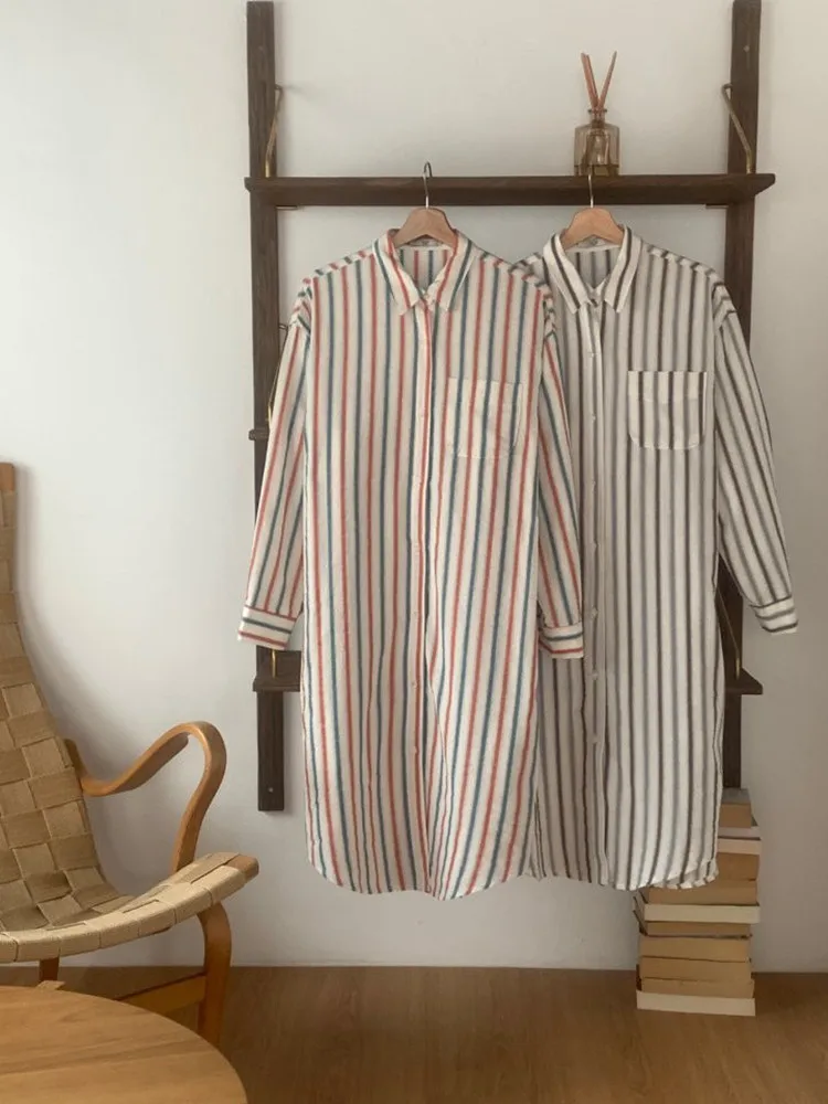 Spring Summer striped shirt dress Women Elegant Vintage Lapel Loose Commuter Ladies Dresses Streetwear Long Formal Dresses Robe