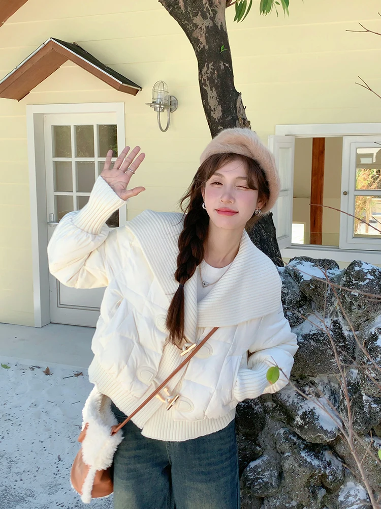 

Новинка: Женская утепленная куртка-пуховик с воротником из искусственного меха, белая, с вязаными вставками, зимняя верхняя одежда