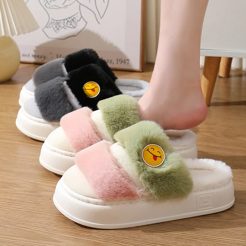 

Cute Mixed Colors Short Plush Winter Warm Slides Indoor Soft Thick Couple Slippers 2024 New Comfort Platform Home Woman Floor