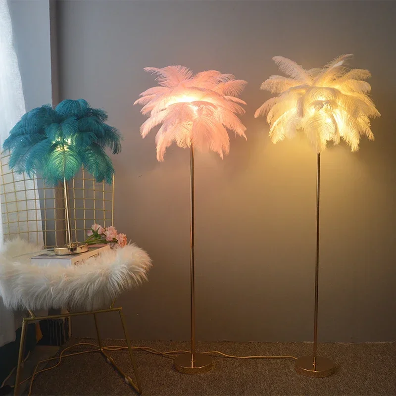 Ostrich Feather Floor Lamp With Shelf Living Room Tall Lamp Bedroom ambient Bedside lamp  LED Home corner Standing Lighting