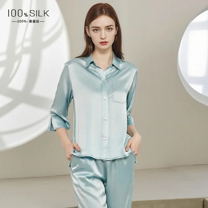 

New Spring Summer Women's 100% Mulberry Silk Pajama Set Soft Comfortable Loungewear Ultimate Relaxation XXL Size Long Sleeves