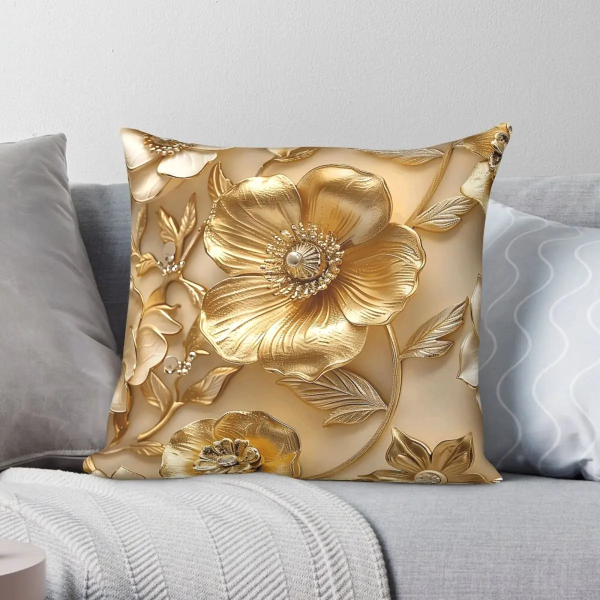 Housse de coussin Golden Garden Floral Brilliance en polyester, lin et velours, avec fermeture éclair créative, pour canapé, vente en gros, 18 pouces