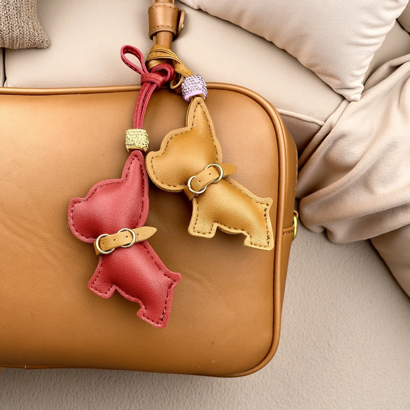 Handmade PU Leather French Bulldog Bag Charm, Cute Puppy Purse Accessory with Rhinestone Bling Beads & Cool Collar, Unique Gift