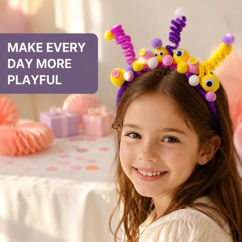 Cute Monster Pom Pom Headband Colorful Pipe Cleaners Hair Hoop Costume Accessory for Kids Birthday Party Halloween Photo Props