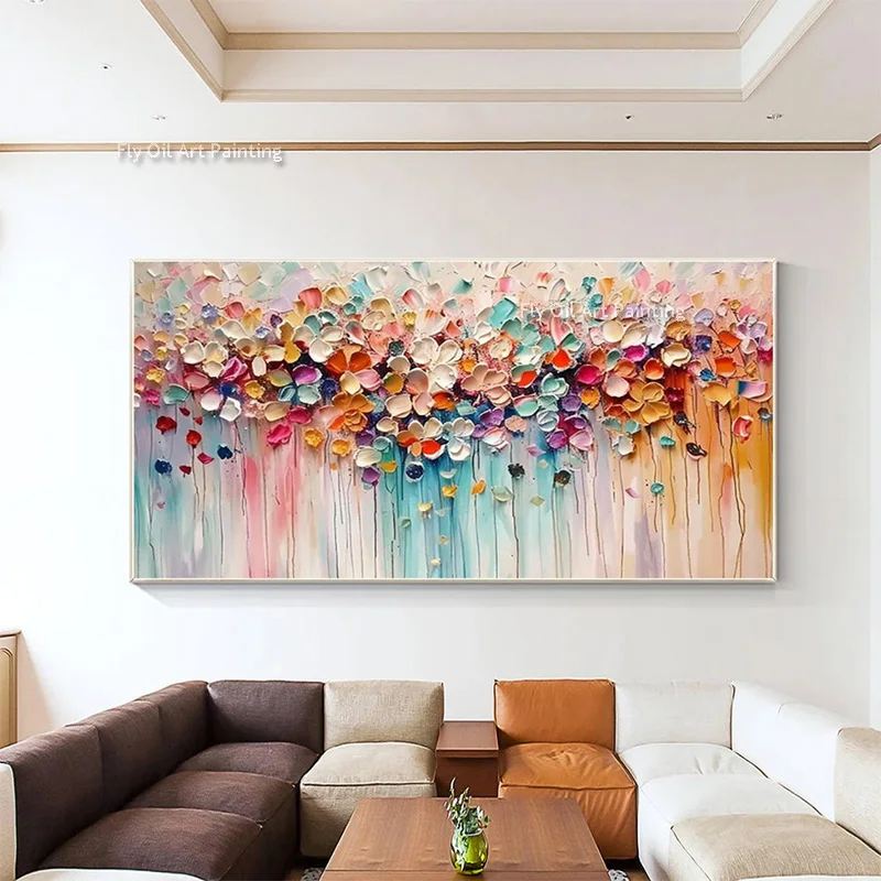 Large Modern White And Golden Flowers Wall Art Decor For Living Room Decor Handpainted Colorful Knife Thick Canvas Oil Painting