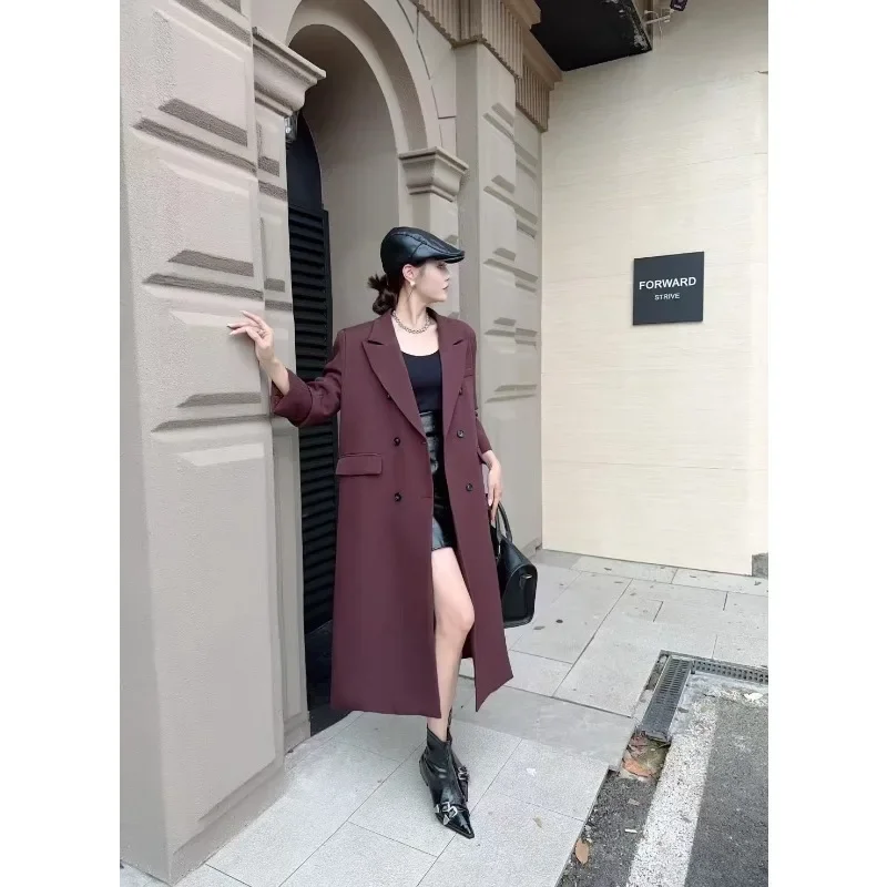 

SuperAen Long Blazer Coat Women's Long 2024 Autumn New Korean High-end Burgundy Casual Long Coat