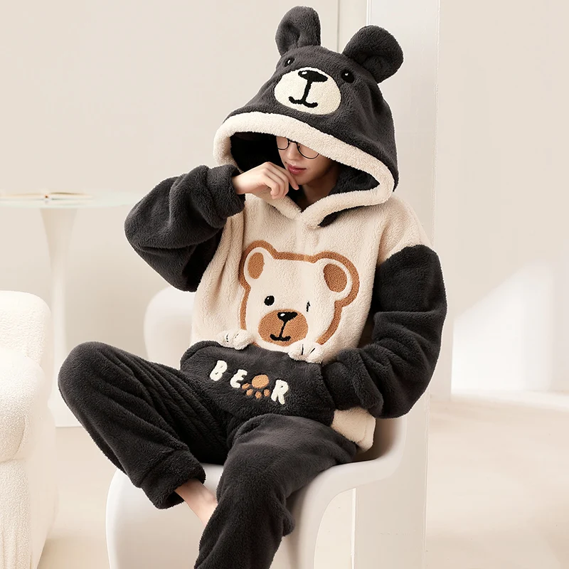 커플잠옷 Winter Coral Man Pajamas Pajama Sets Nightwear Hooded Long Sleeve Thicken Warm Flannel Sleepwear pijama hombre invierno