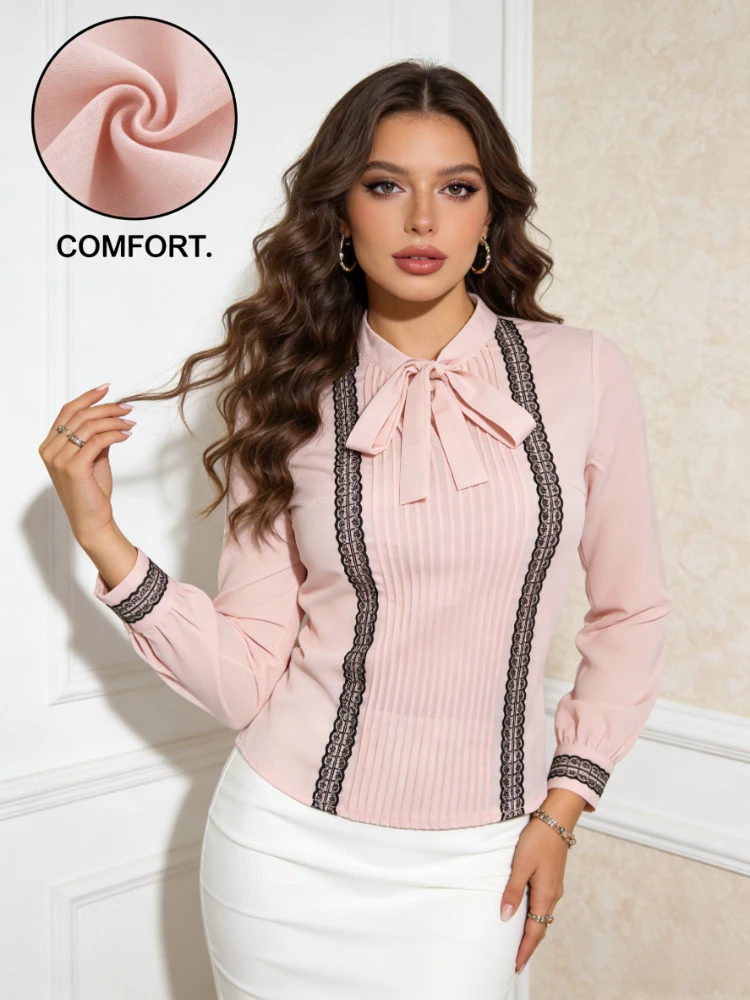 

Весна 2026: Новая шикарная женская блузка с бантом на воротнике, кружевная, для офиса, элегантная, с длинным рукавом, повседневная, розовая