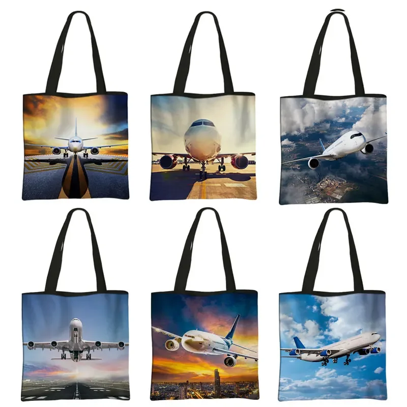 

Airplane Print Handbag The Flight Women Fashion Totes Bags Reusable Shopping Bag Female Canvas Shoulder Bags for Travel