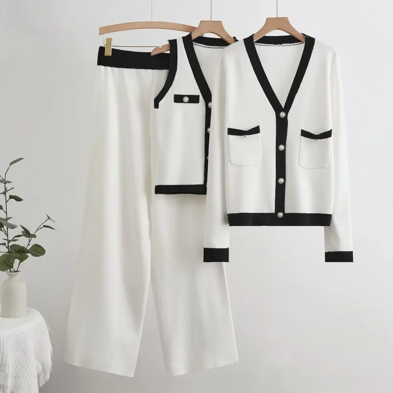 

Women Knitwears V-neck Sweater Cardigan Sleeveless Vest Conjuntos High Waist Sweatpants Outfit Elegant Chic Knitted 3 Piece Sets