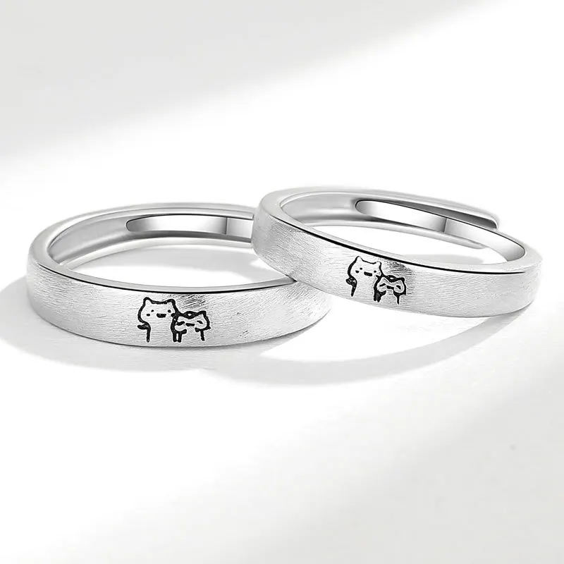 KOFSAC cute personality cats couple rings fashion 925 sterling silver jewelry adjustable wire drawing ring for women men gifts