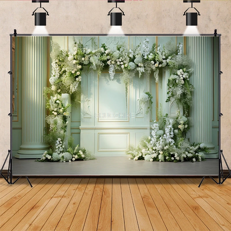 

Aesthetic Flower Wreath Decoration Indoor White Background Fantasy Wedding Curtain Photography Backdrop Photo Studio Props SG-11