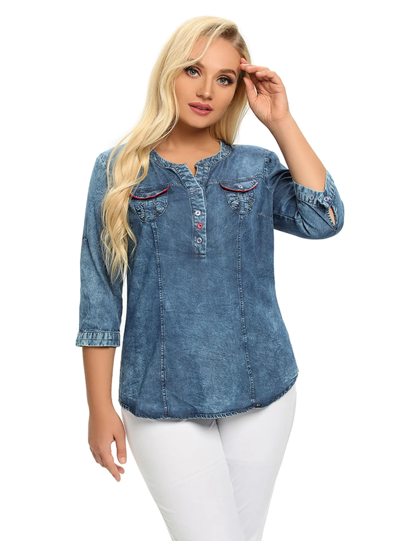 Women\'s Plus Size Denim Shirt Spring Fashion Elegant Shirt For Chubby Women\'s Woven Cotton Shirt