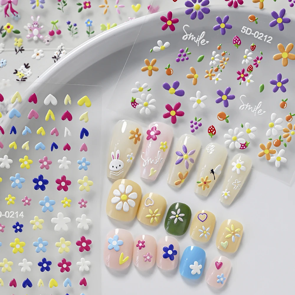 6pcs 꽃 데이지 네일 스티커 트위터 세트 5D 핑크 화이트 귀여운 데이지 작은 꽃 네일 데칼 접착제 여름 꽃 손톱