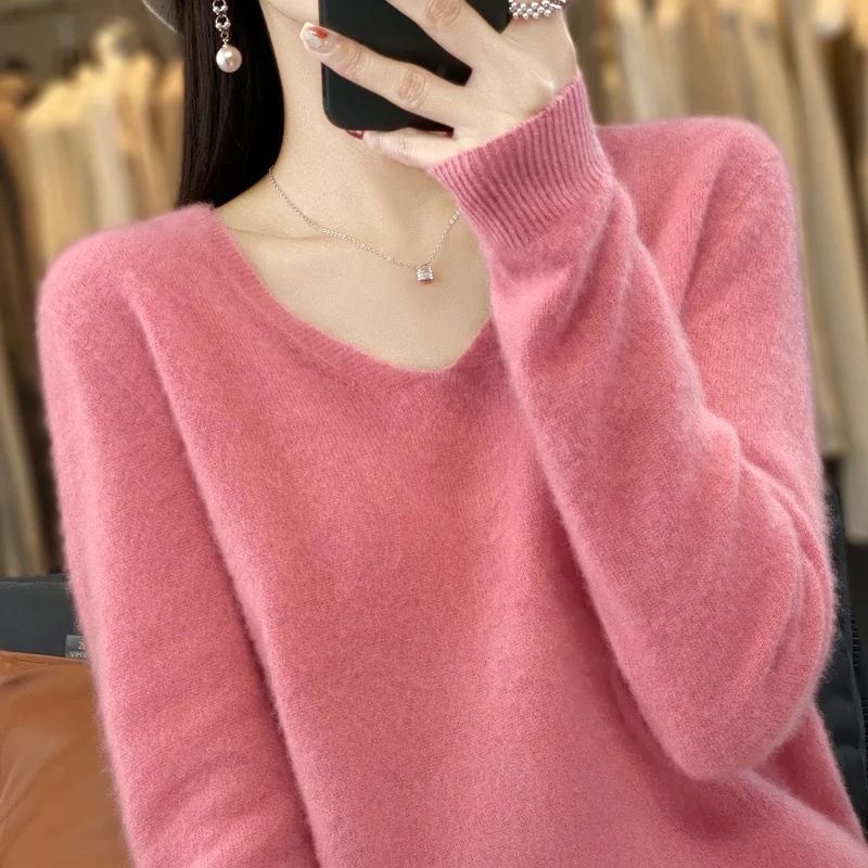 100% Wool Cashmere Sweater Women\'s 2023 Autumn/Winter New V-neck Knitted Pullover Solid Color Long Sleeve Soft Comfortable Top