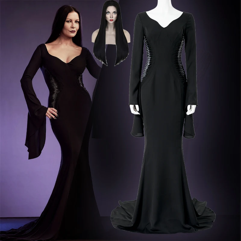 Addams Wednesday Morticia Addams Cosplay Costume Halloween Sexy Dress Wig Adult Women Punk Gothic Witch Lace Up Slim Gown Dress