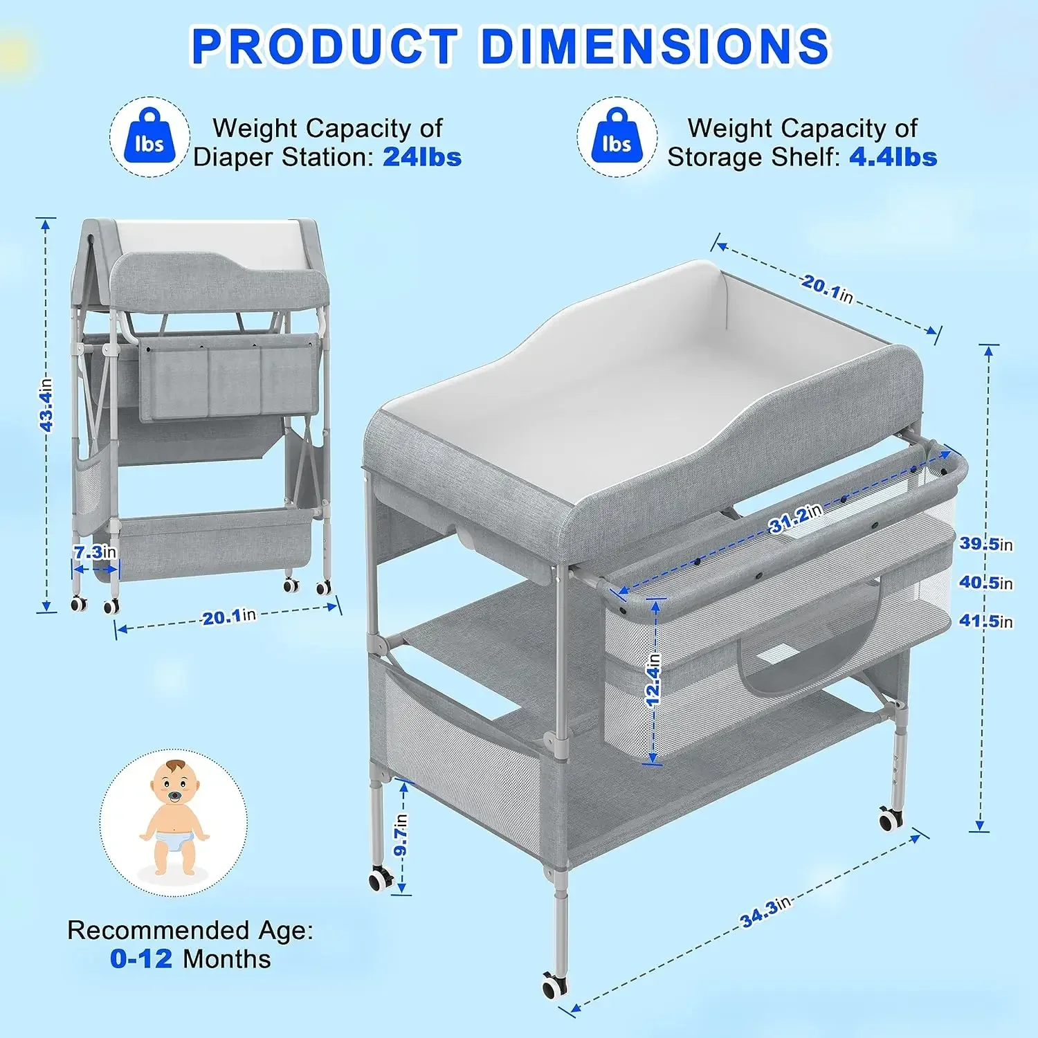 Portable Baby Changing Table, Foldable  Table Dresser   Station, Height Adjustable Waterproof Diaper Changin