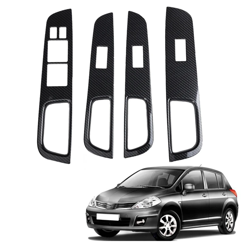 Car Carbon Fiber Window Glass Lift Button Switch Cover Trim Door Armrest Panel For Nissan Tiida RHD 2005-2010