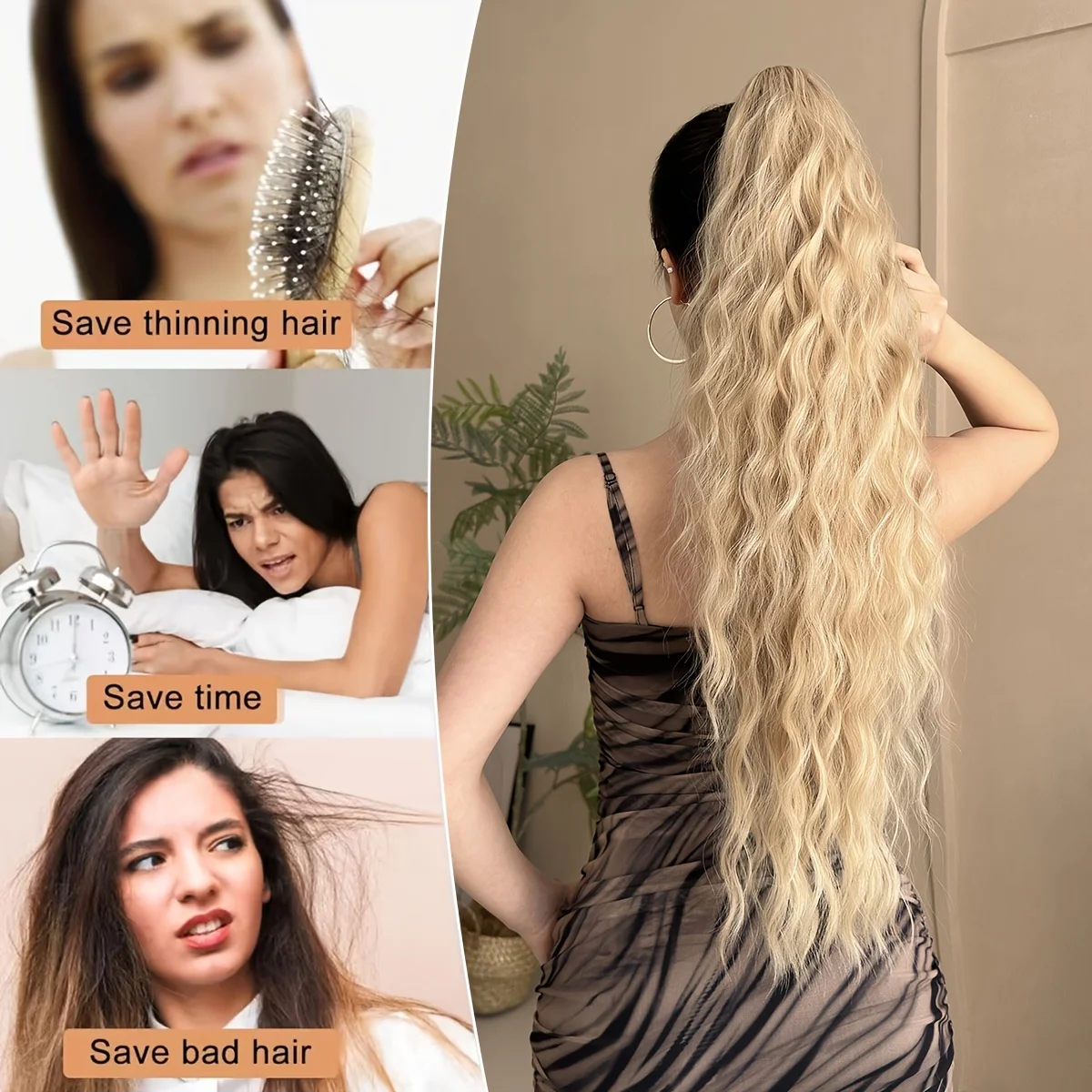 وصلة شعر صناعية على شكل ذيل حصان من AOOSOO على إكسسوارات شعر على شكل ذيل حصان للسيدات، شعر مستعار طويل مجعد طبيعي أسود #5