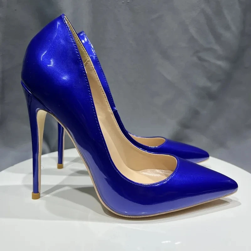 Tikicup Shiny Blue Women Patent Leather Pointy Toe High Heel Shoes for Evening Dress Formal Slip On Fashion Lady Stiletto Pumps