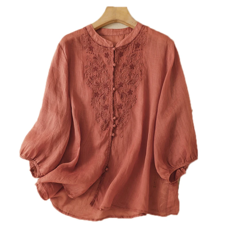Retro Artistic Style Heavy Embroidery Floral Shirt Women's Early Autumn New Seven-Quarter Lantern Sleeve Asymmetric Top 5