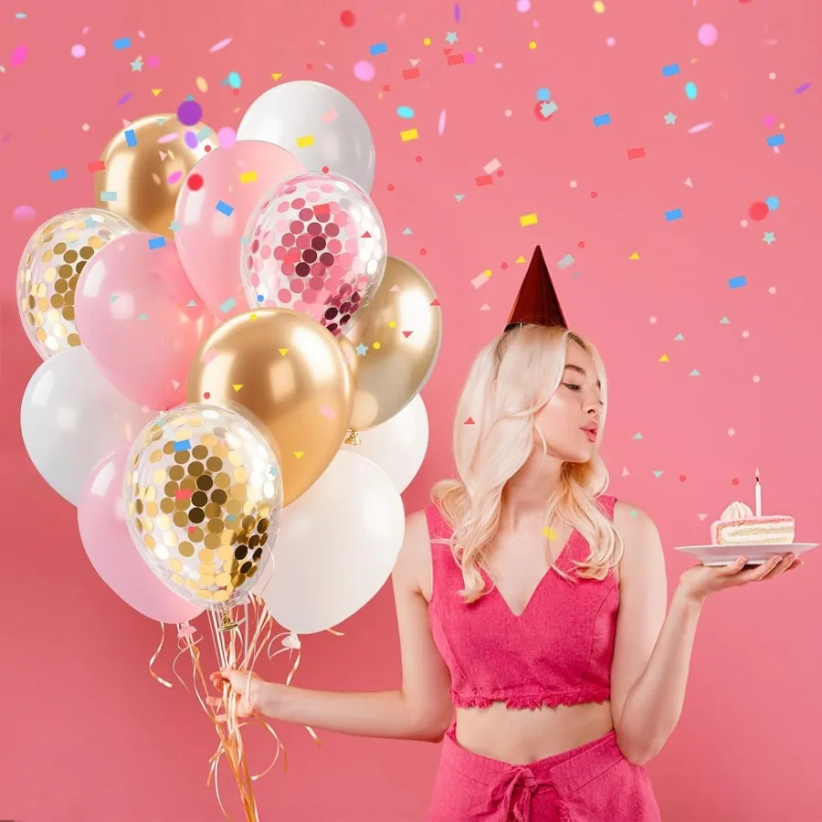 بالونات قصاصات ذهبية وردية مقاس 12 بوصة بالونات عيد ميلاد من الذهب الوردي الأبيض للنساء ومستلزمات حفلات الزفاف للفتيات لحفلات استقبال المولود الجديد