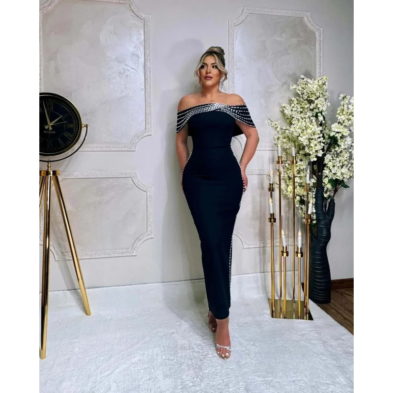 

2025 European and American Style Black Elegant Off-Shoulder Waist-Cinching Rhinestone Bandage High-End Elegant Evening Dress