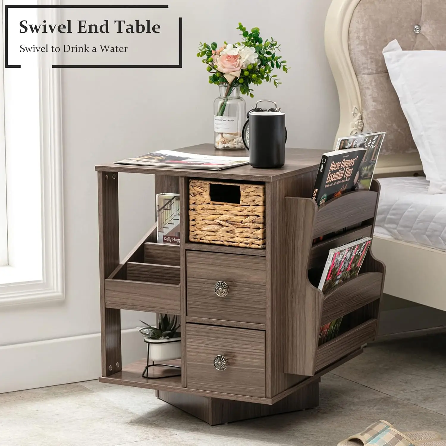 End Table, Modern Farmhouse End Table with Magazine Rack and Drawers, Revolving End Table with Storage for Living Room