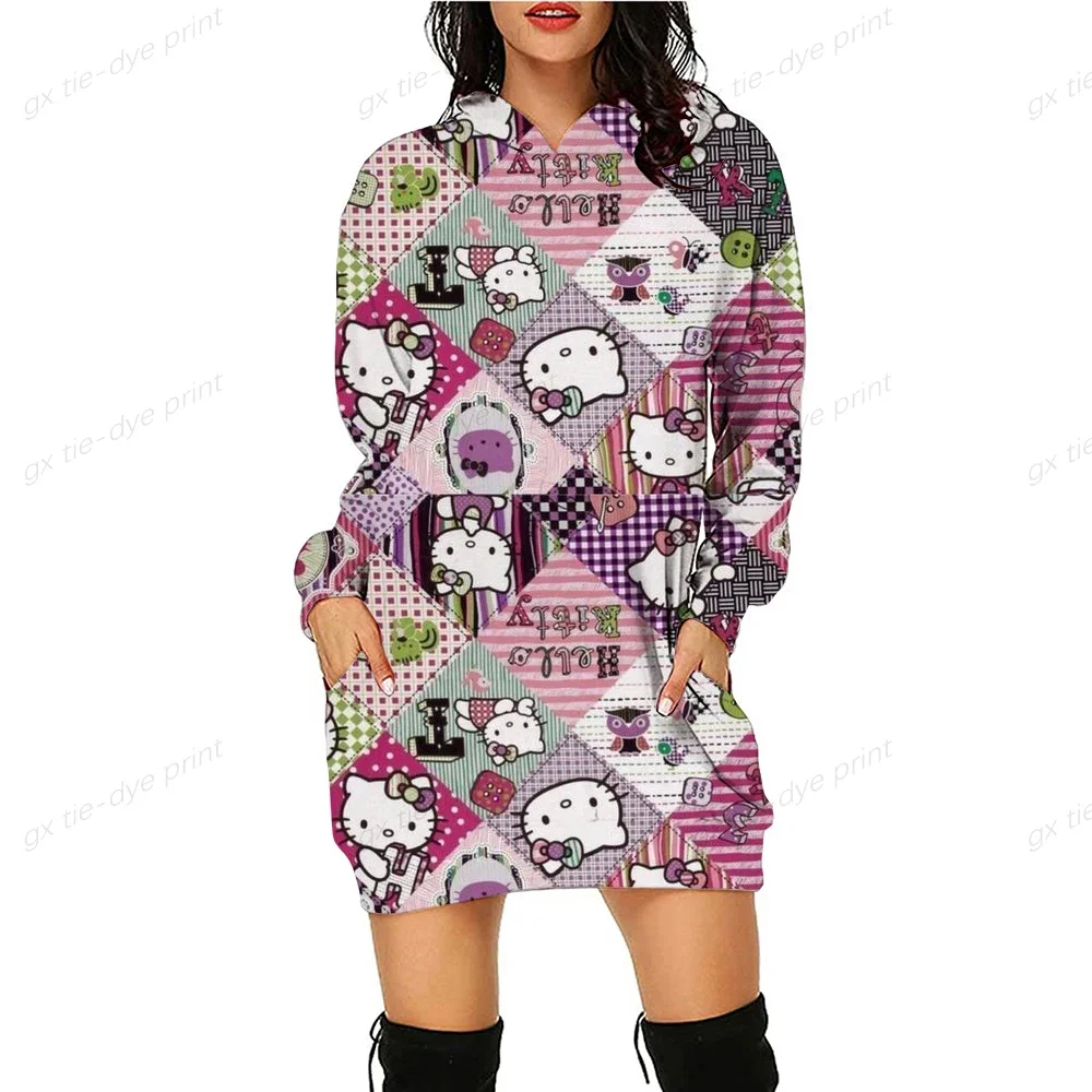 Japan Anime Hoodies Dresses Women Sweatshirts Hello Kitty Print Autumn Long Pocket Print Sweatshirts Tops Casual Ladies Pullover