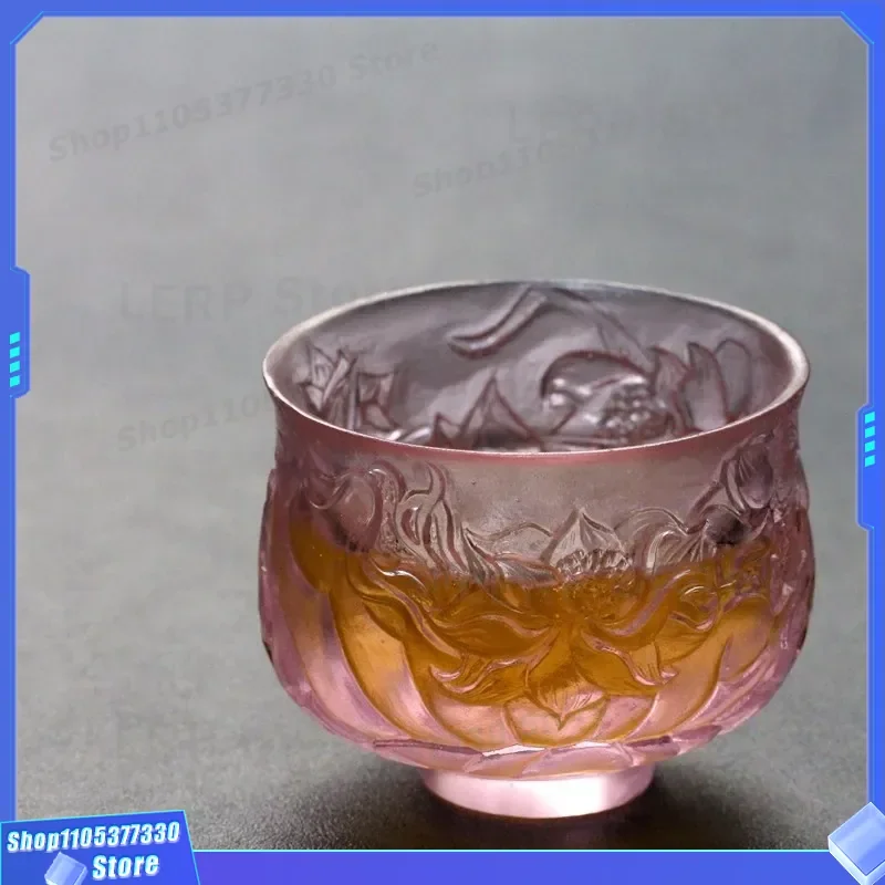 Purple Crystal Mineral Tea Cup Glazed Lotus Leaf Design Master Cup for Traditional Chinese Tea Ceremony Art Clear Glassware