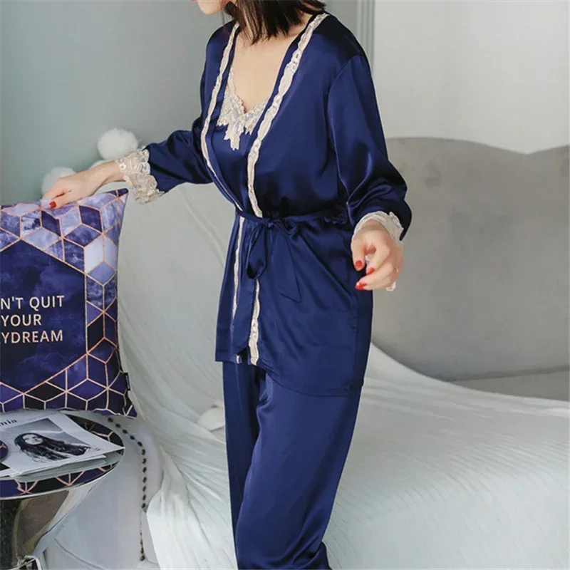 Three 3 Pieces Satin Sleepwear Female Sexy Lace Silk Pajamas Set Hollow Out Coat Strap Vest Full Length Pants Robe Gown Set H650