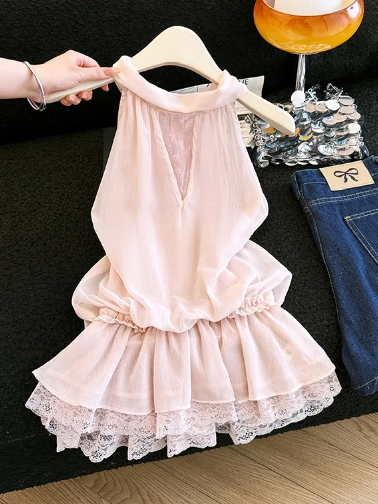 

Pink Sweet Lace Splice Flounce Hem Chiffon Top Women's Summer Beautiful Match Shoulderless Shirt Elegant Style Sleeveless Nec...