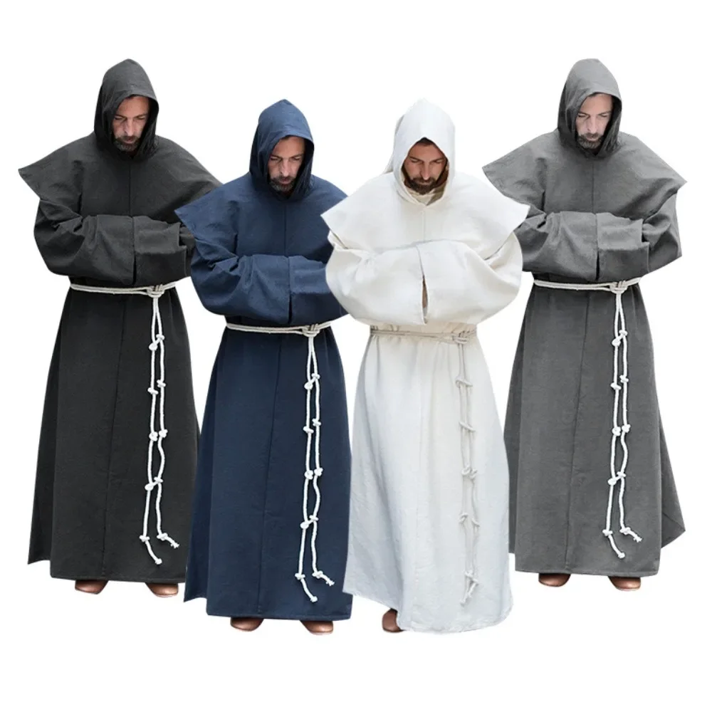 Medieval Monk Cosplay Robe Catholic Religion Missionary Vintage Hooded Cassock Pastor Father Role Play Costume Halloween Party