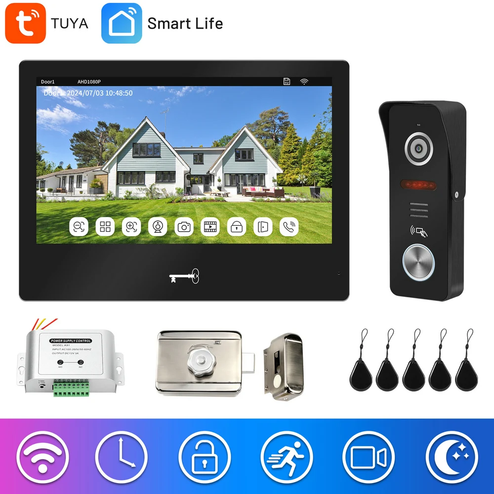 

WiFi Video Intercom With Lock Kit,160 ° Wide Angle Doorbell Camera,Support Motion Detection Recording,Tuya APP Remote Unlock,10"