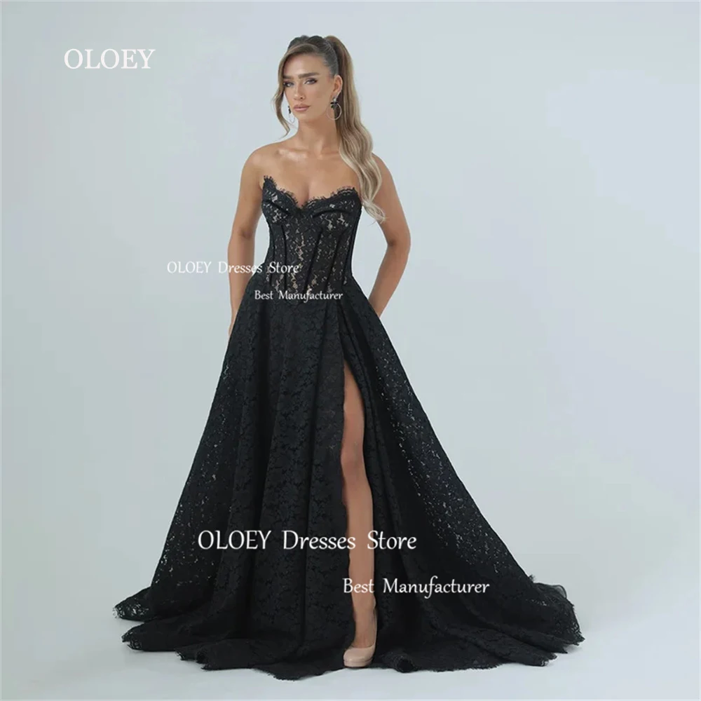 

OLOEY Exquisite Black Lace Evening Dresses Wedding Photoshoot High Slit Bridal Gowns Sweetheart Neck Corset Party Gown