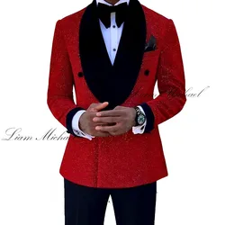 Shiny Men's Suit 2 Piece Groom Tuxedo Double Breasted Blazer Black Velvet Collar Jacket 2024 Elegant Men's Suit